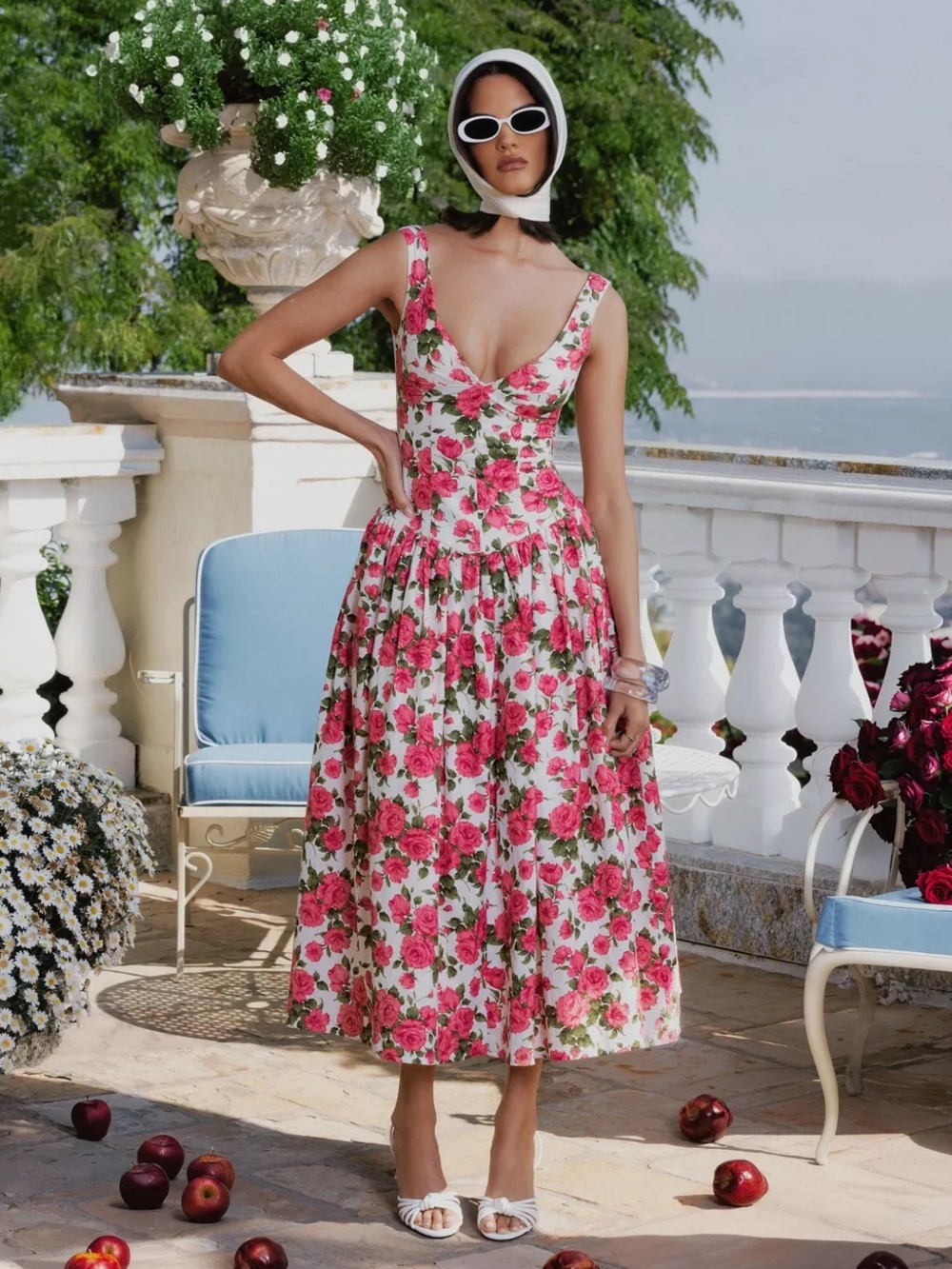 Wilfreda Blooming Pink Floral Linen Sweetheart Midi